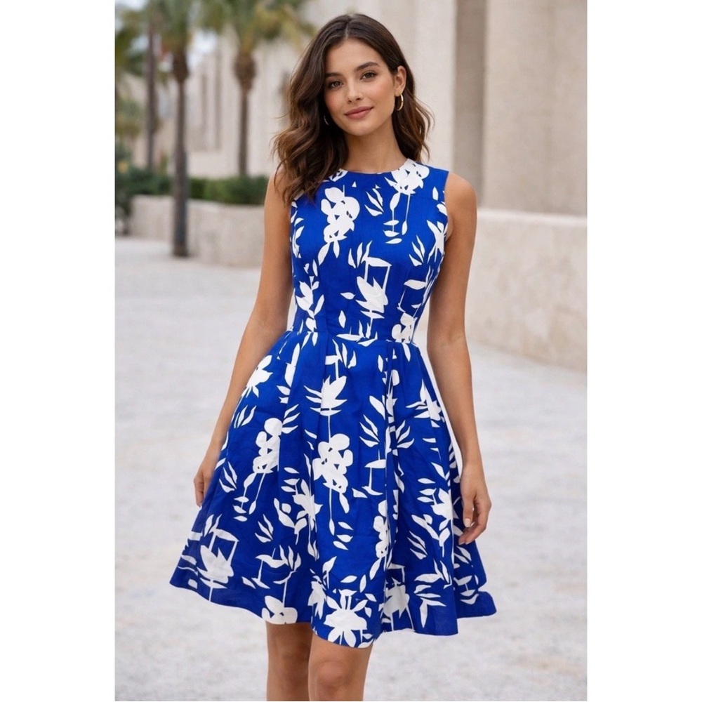 Marni Royal Blue and White Floral Fit-and-Flare Mini Dress